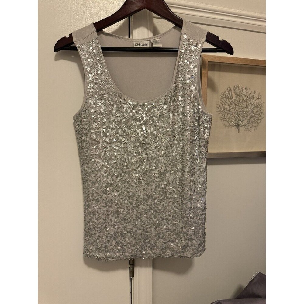 NWT Chico's Metallic Satin Trim Sequin Nylon Tank Top Size 0-Small